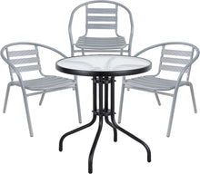 BTExpert Indoor Outdoor 23.75" Round Tempered Glass Metal Table Black + 3 Silver Gray Restaurant Metal Aluminum Slat Stack Chairs Lightweight