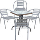 BTExpert 28" Square Glass Metal Table Brown Rattan Trim with 4 Silver Gray Slat Stack Chairs, Indoor Outdoor Lightweight