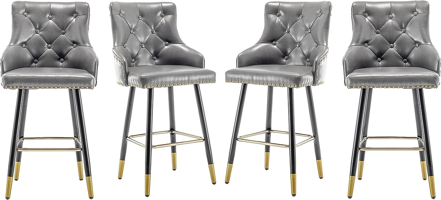 BTEXPERT Set of 4 Premium Upholstered 33" High Back Bar Stools, Gray PU Leather with Gold Nail Head Trim