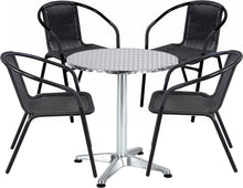 BTExpert Indoor Outdoor 27.5" Round Restaurant Table Stainless Steel Silver Aluminum + 4 Black Restaurant Rattan Stack Chairs Commercial Lightweight