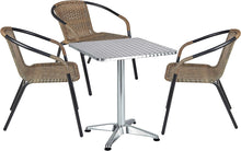 BTExpert Indoor Outdoor 27.5" Square Restaurant Table Stainless Steel Silver Aluminum + 3 Brown Restaurant Rattan Stack Chairs Commercial Lightweight