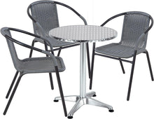 BTExpert Indoor Outdoor 27.5" Round Restaurant Table Stainless Steel Silver Aluminum + 3 Gray Restaurant Rattan Stack Chairs Commercial Lightweight