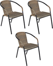 BTExpert Indoor Outdoor 27.5" Square Restaurant Table Stainless Steel Silver Aluminum + 3 Brown Restaurant Rattan Stack Chairs Commercial Lightweight
