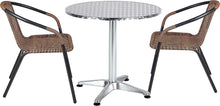 BTExpert Indoor Outdoor 27.5" Round Restaurant Table Stainless Steel Silver Aluminum + 2 Brown Restaurant Rattan Stack Chairs Commercial Lightweight