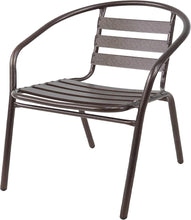 BTExpert Indoor Outdoor 23.75" Round Restaurant Table Stainless Steel Silver Aluminum + 3 Bronze Metal Slat Stack Chairs Commercial Lightweight