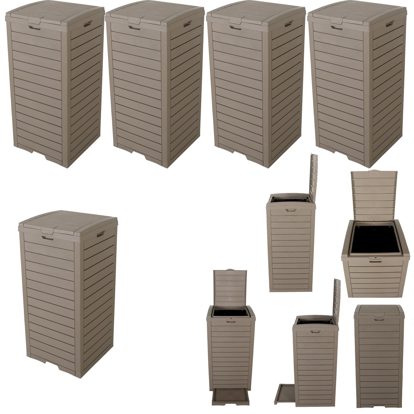 BTExpert 31-Gallon Waterproof Outdoor Trash Can – Resin Bin w/ Double Lid, Drip Tray, Hidden Design for Patio - Set of 5