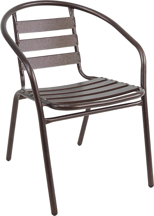 BTExpert Indoor Outdoor 27.5" Square Restaurant Table Stainless Steel Silver Aluminum + 3 Bronze Metal Slat Stack Chairs