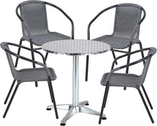 BTExpert Indoor Outdoor 27.5" Round Restaurant Table Stainless Steel Silver Aluminum + 4 Gray Restaurant Rattan Stack Chairs Commercial Lightweight