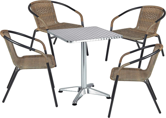 BTExpert 27.5" Square Restaurant Table Stainless Steel with 4 Brown Commercial Chairs, Indoor Outdoor