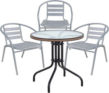 BTExpert Indoor Outdoor 28" Round Tempered Glass Metal Table Brown Rattan Trim + 3 Silver Gray Restaurant Metal Aluminum Slat Stack Chairs Lightweight