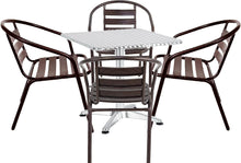 BTExpert Indoor Outdoor 23.75" Square Restaurant Table Stainless Steel Silver Aluminum + 4 Bronze Metal Aluminum Slat Stack Chairs Commercial