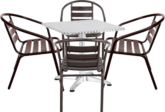 BTExpert 23.75" Square Stainless Steel Table + 4 Bronze Slat Chairs, Indoor Outdoor Commercial Lightweight