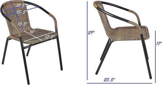 BTExpert 27.5" Square Restaurant Table Stainless Steel with 4 Brown Commercial Chairs, Indoor Outdoor
