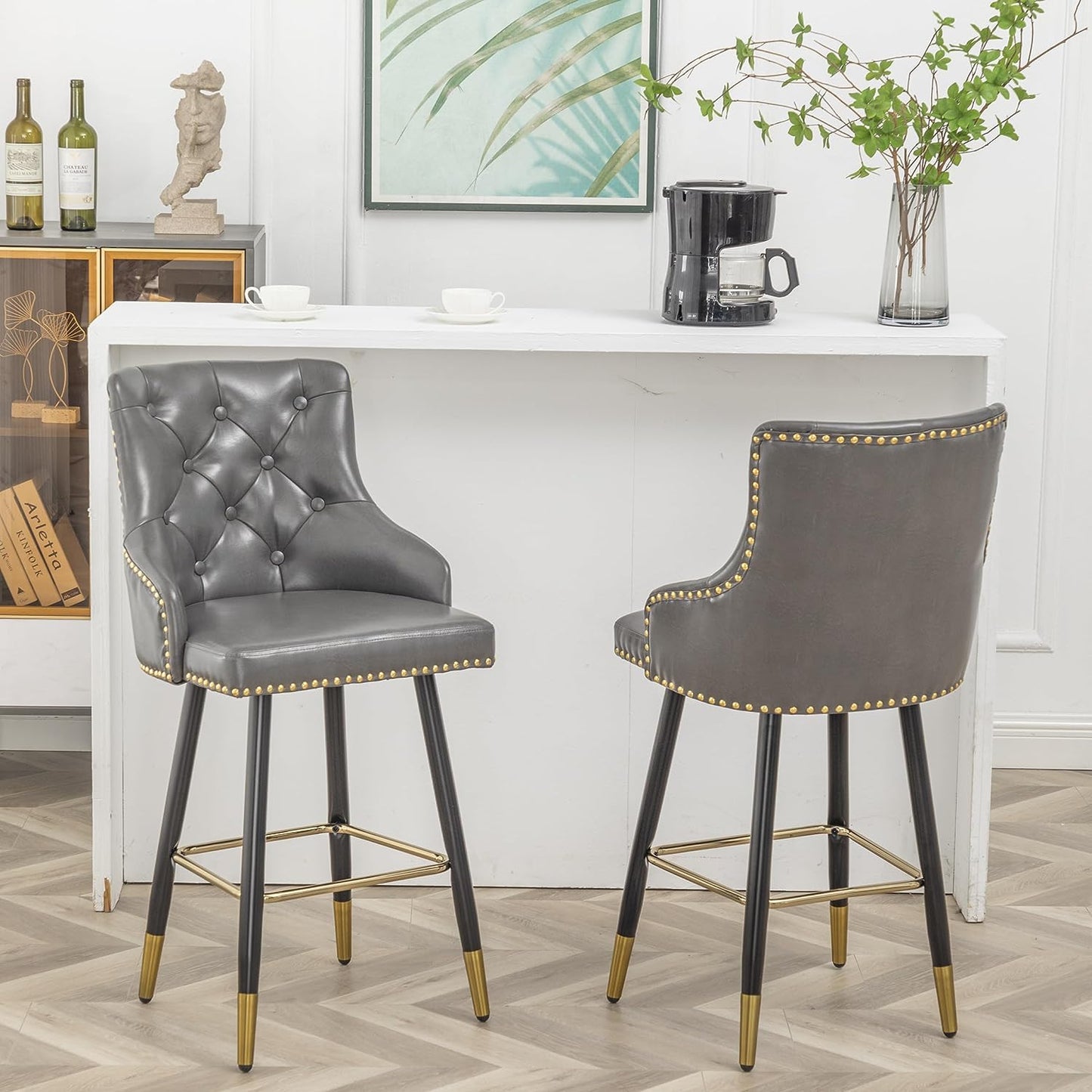 BTEXPERT Set of 4 Premium Upholstered 33" High Back Bar Stools, Gray PU Leather with Gold Nail Head Trim