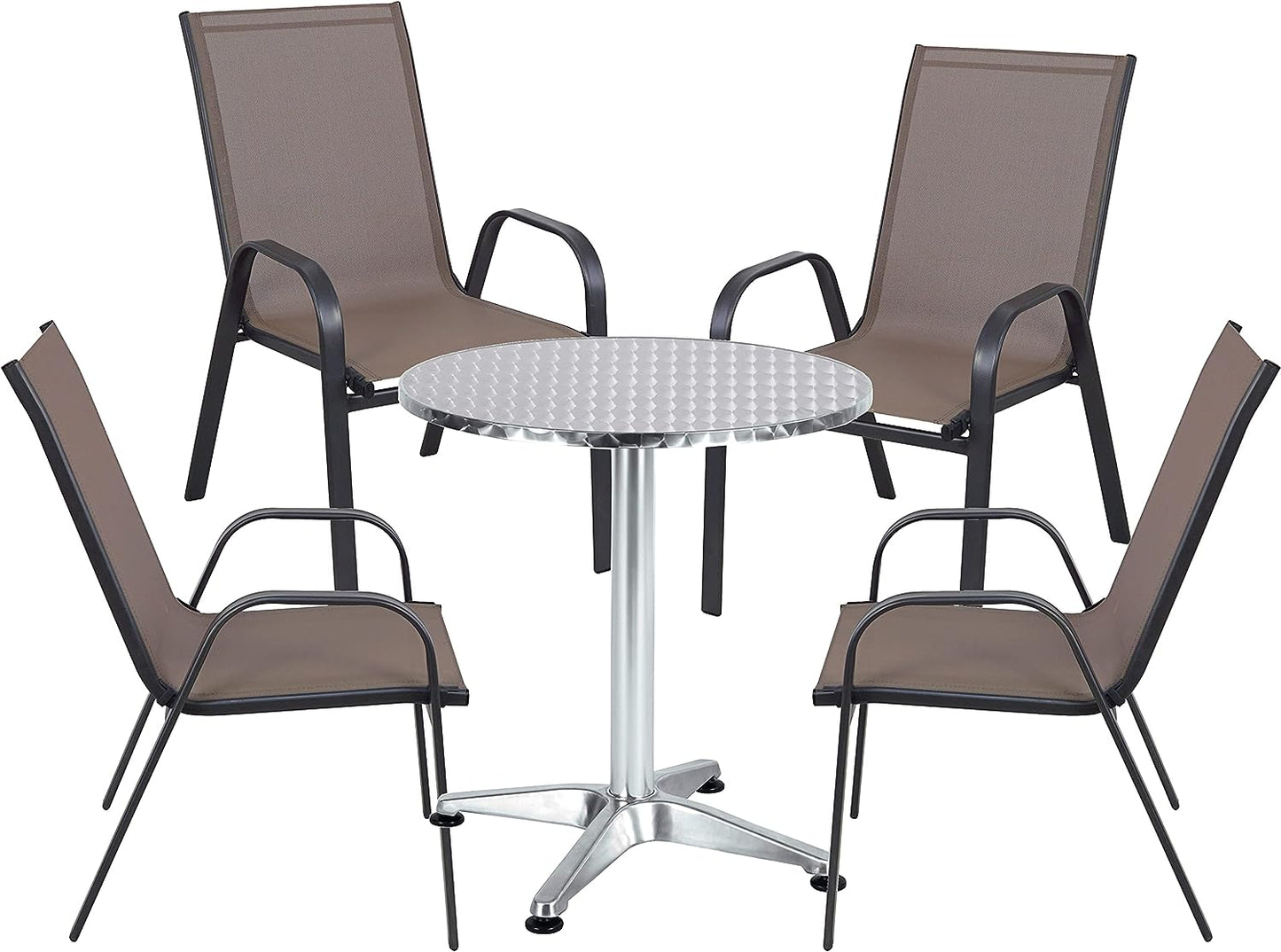 BTExpert 27.5" Round Restaurant Table Stainless Steel with 4 Brown Sling Stack Chairs, Indoor Outdoor Commercial Lightweight