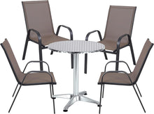 BTExpert Indoor Outdoor 27.5" Round Restaurant Table Stainless Steel Silver Aluminum + 4 Brown Flexible Sling Stack Chairs Commercial Lightweight