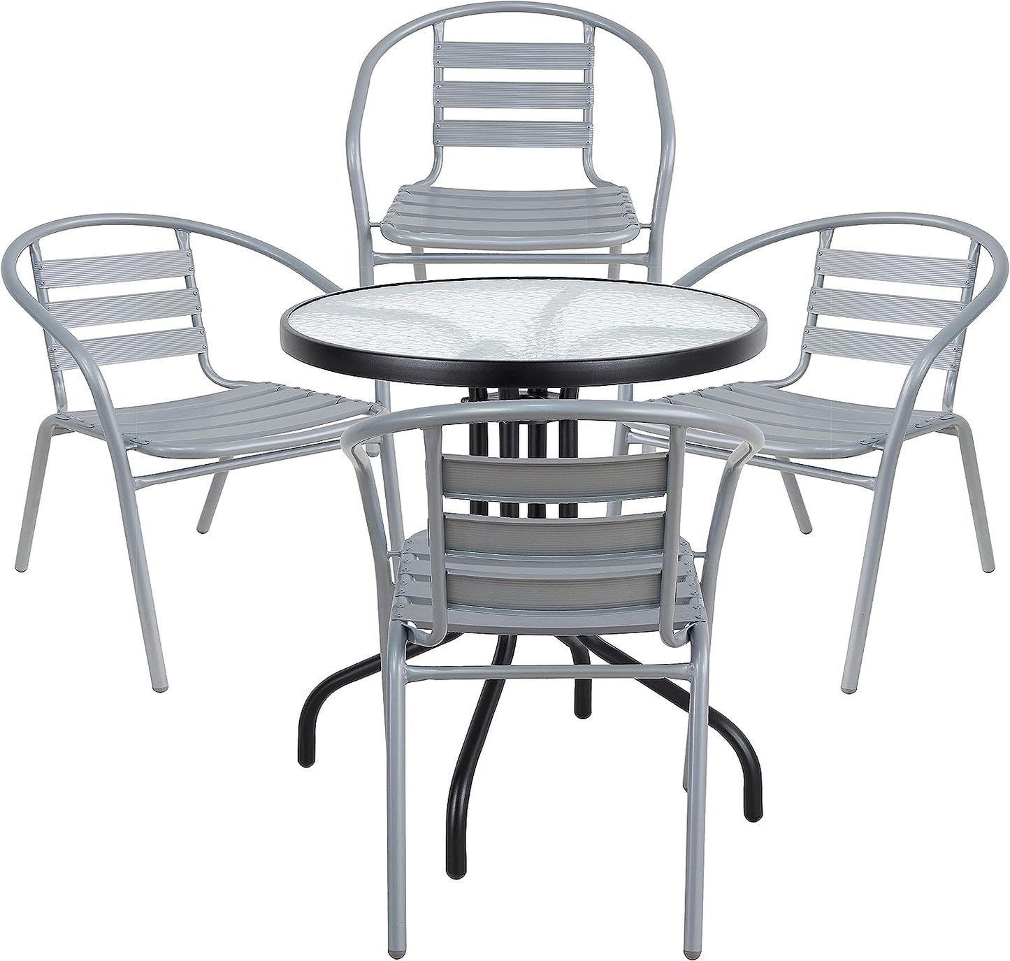 BTExpert 23.75" Round Glass Metal Table Black with 4 Silver Gray Slat Stack Chairs, Indoor Outdoor Commercial