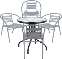 BTExpert Indoor Outdoor 23.75" Round Tempered Glass Metal Table Black + 4 Silver Gray Restaurant Metal Aluminum Slat Stack Chairs Commercial