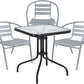 BTExpert 23.75" Square Glass Metal Table Black with 3 Silver Gray Slat Stack Chairs, Indoor Outdoor Lightweight