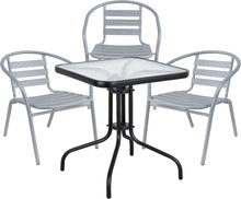 BTExpert Indoor Outdoor 23.75" Square Tempered Glass Metal Table Black + 3 Silver Gray Restaurant Metal Aluminum Slat Stack Chairs Lightweight