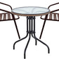 BTExpert 28" Round Glass Metal Table Brown Rattan Trim with 2 Bronze Slat Stack Chairs, Indoor Outdoor Lightweight