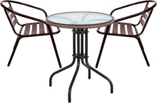 BTExpert Indoor Outdoor 28" Round Tempered Glass Metal Table Brown Rattan Trim + 2 Bronze Restaurant Metal Aluminum Slat Stack Chairs Lightweight