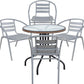 BTExpert 28" Round Glass Metal Table Brown Rattan Trim with 4 Silver Gray Slat Stack Chairs, Indoor Outdoor Lightweight