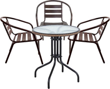 BTExpert Indoor Outdoor 28" Round Tempered Glass Metal Table Brown Rattan Trim + 3 Bronze Restaurant Metal Aluminum Slat Stack Chairs Lightweight