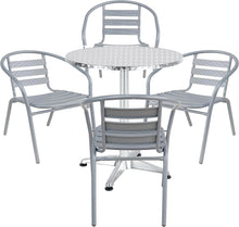 BTExpert Indoor Outdoor 27.5" Round Restaurant Table Stainless Steel Silver Aluminum + 4 Silver Gray Metal Slat Stack Chairs Lightweight