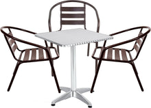 BTExpert Indoor Outdoor 27.5" Square Restaurant Table Stainless Steel Silver Aluminum + 3 Bronze Metal Slat Stack Chairs Commercial Lightweight