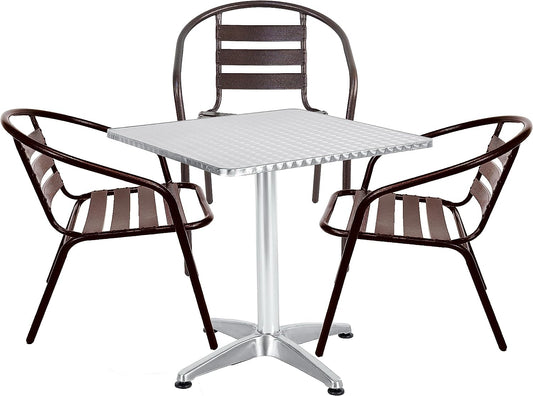 BTExpert 23.75" Square Stainless Table + 3 Bronze Slat Chairs, Indoor Outdoor Commercial Lightweight