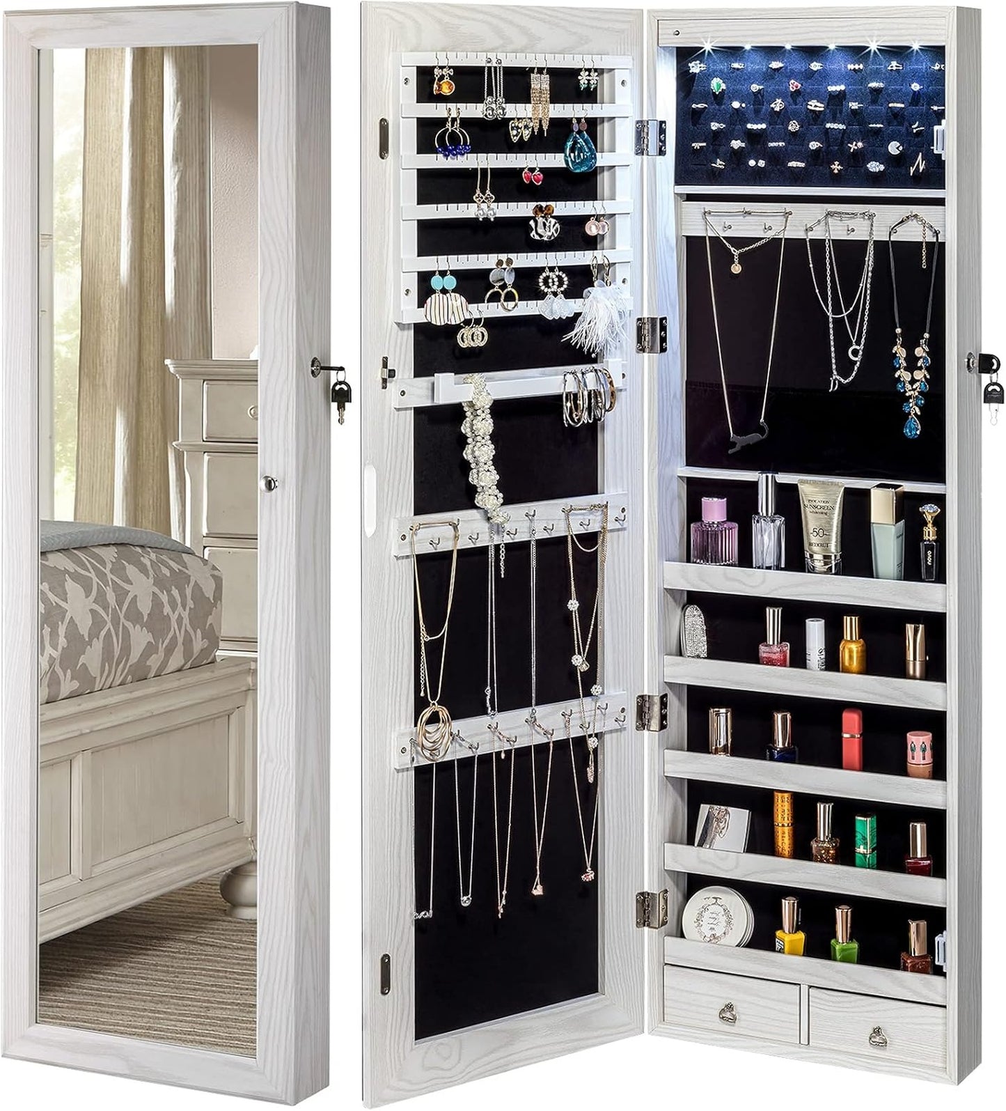 BTEXPERT 47" Mirror Jewelry Cabinet Armoire with 6 LED Lights, Large Full Length Jewelry Organizer with Storage, Wall-Mounted or Door-Hanging Mirror Cabinet, Dove White, Lock Key
