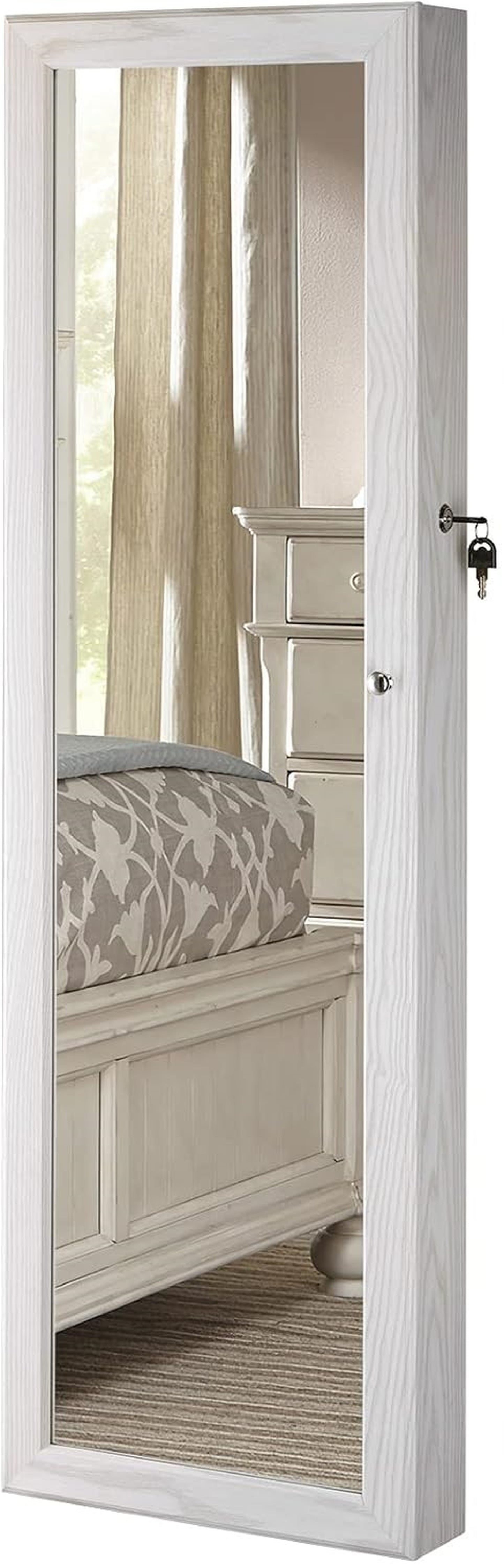 BTEXPERT 47" Mirror Jewelry Cabinet Armoire with 6 LED Lights, Large Full Length Jewelry Organizer with Storage, Wall-Mounted or Door-Hanging Mirror Cabinet, Dove White, Lock Key