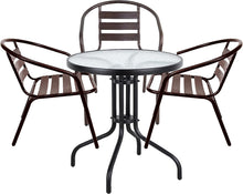 BTExpert Indoor Outdoor 23.75" Round Tempered Glass Metal Table Black + 3 Bronze Restaurant Metal Aluminum Slat Stack Chairs Lightweight