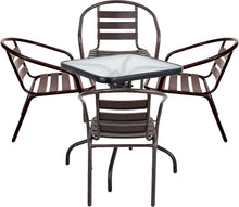 BTExpert Indoor Outdoor 23.75" Square Tempered Glass Metal Table Black + 4 Bronze Restaurant Metal Aluminum Slat Stack Chairs Commercial Lightweight