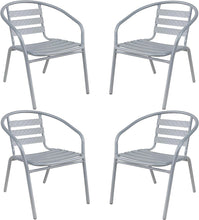 BTExpert Indoor Outdoor 27.5" Square Restaurant Table Stainless Steel Silver Aluminum + 4 Silver Gray Metal Aluminum Slat Stack Chairs Commercial