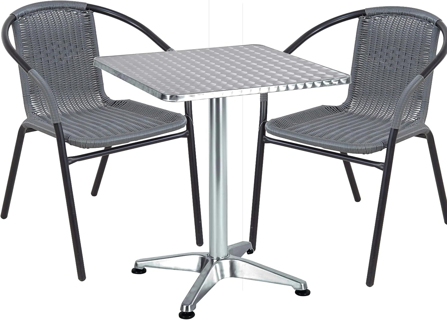 BTExpert 27.5" Square Restaurant Table Stainless Steel with 2 Gray Rattan Stack Chairs, Indoor Outdoor Commercial Lightweight