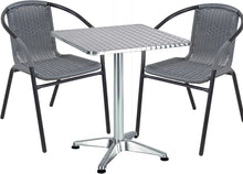 BTExpert Indoor Outdoor 27.5" Square Restaurant Table Stainless Steel Silver Aluminum + 2 Gray Restaurant Rattan Stack Chairs Commercial Lightweight
