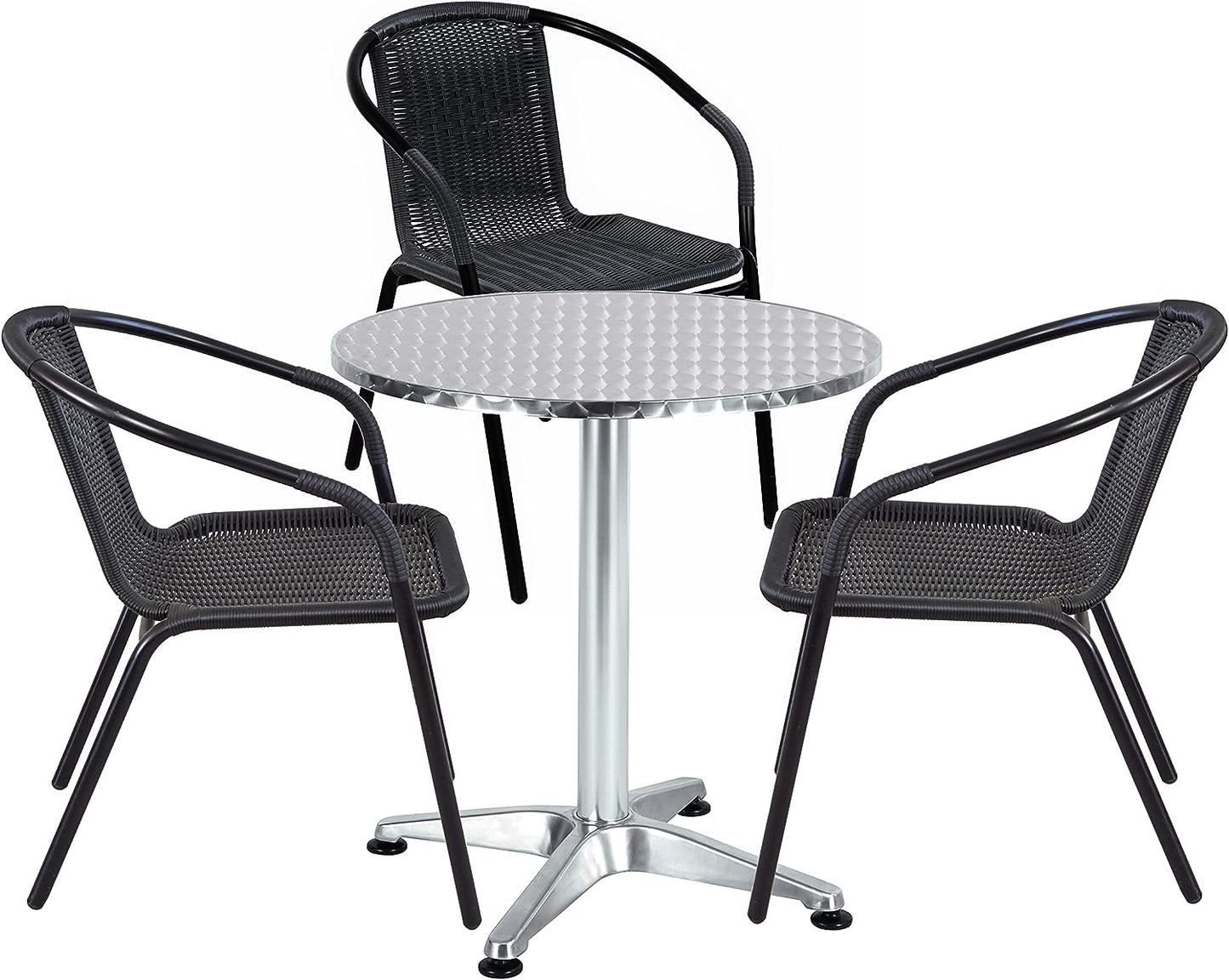 BTExpert 27.5" Round Restaurant Table Stainless Steel with 3 Black Rattan Stack Chairs, Indoor Outdoor Commercial Lightweight