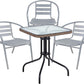 BTExpert 28" Square Glass Metal Table Brown Rattan Trim with 3 Silver Gray Slat Stack Chairs, Indoor Outdoor Lightweight