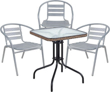 BTExpert Indoor Outdoor 28" Square Tempered Glass Metal Table Brown Rattan Trim + 3 Silver Gray Restaurant Metal Aluminum Slat Stack Chairs Lightweight