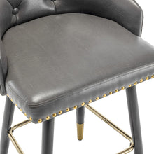 BTEXPERT Set of 4 Premium upholstered Dining 33" High Back Stool Bar Chairs, Gray PU Leather Tufted Gold Nail head Trim