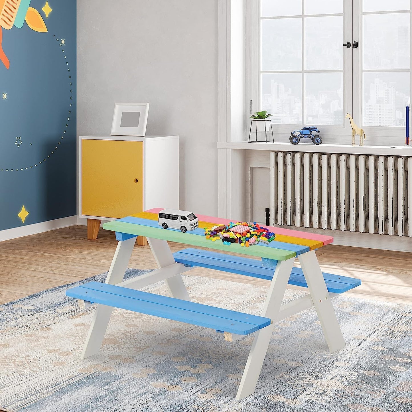 BTExpert Kids Picnic Table Bench for Outdoor, Wooden Table Chair Set Kids Activity Sensory Table - Multicolor