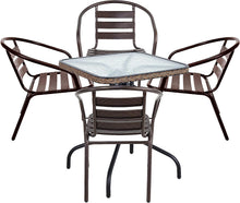 BTExpert Indoor Outdoor 28" Square Tempered Glass Metal Table Brown Rattan Trim + 4 Bronze Restaurant Metal Aluminum Slat Stack Chairs Lightweight