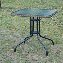 BTExpert Indoor Outdoor 28" Square Tempered Glass Metal Table Brown Rattan Trim + 4 Bronze Restaurant Metal Aluminum Slat Stack Chairs Lightweight