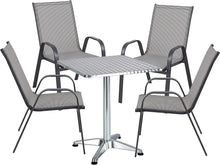 BTExpert Indoor Outdoor 27.5" Square Restaurant Table Stainless Steel Silver Aluminum + 4 Gray Flexible Sling Stack Chairs Commercial Lightweight