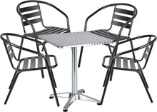 BTExpert Indoor Outdoor 27.5" Square Restaurant Table Stainless Steel Silver Aluminum + 4 Black Metal Aluminum Slat Stack Chairs Commercial Lightweight
