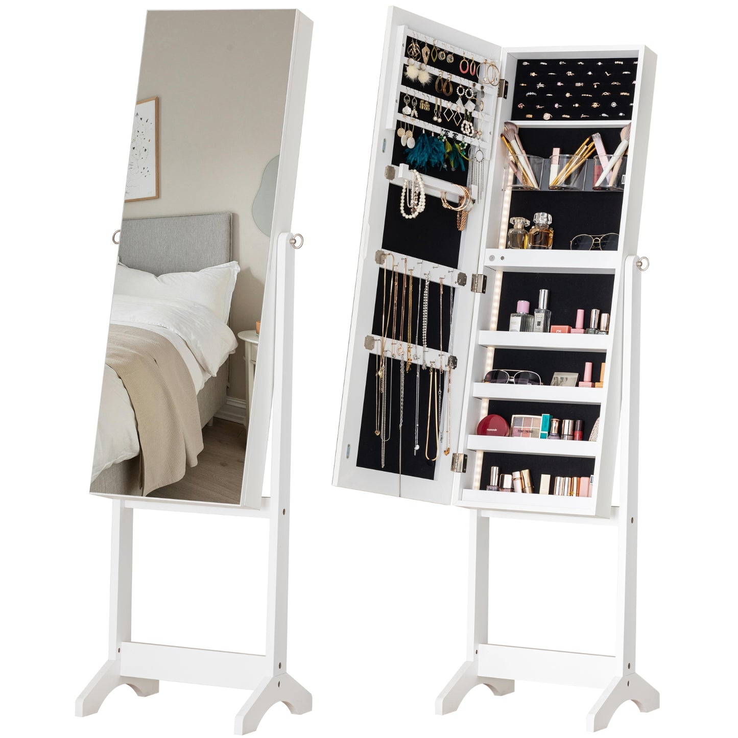 BTEXPERT Large Storage Jewelry Mirror Organizer with Frameless Free Standing Jewelry Cabinet White