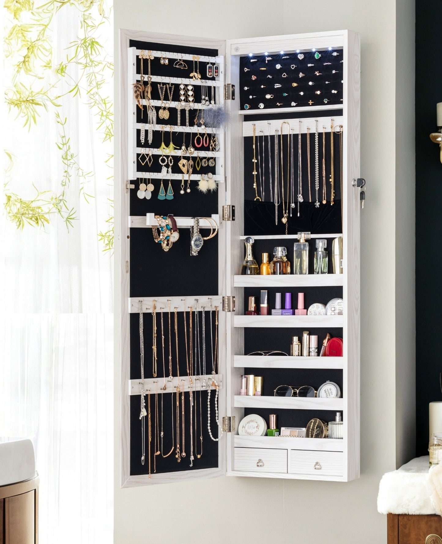 BTEXPERT 47" Mirror Jewelry Cabinet Armoire with 6 LED Lights, Large Full Length Jewelry Organizer with Storage, Wall-Mounted or Door-Hanging Mirror Cabinet, Dove White, Lock Key