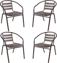 BTExpert Indoor Outdoor 28" Square Tempered Glass Metal Table Brown Rattan Trim + 4 Bronze Restaurant Metal Aluminum Slat Stack Chairs Lightweight